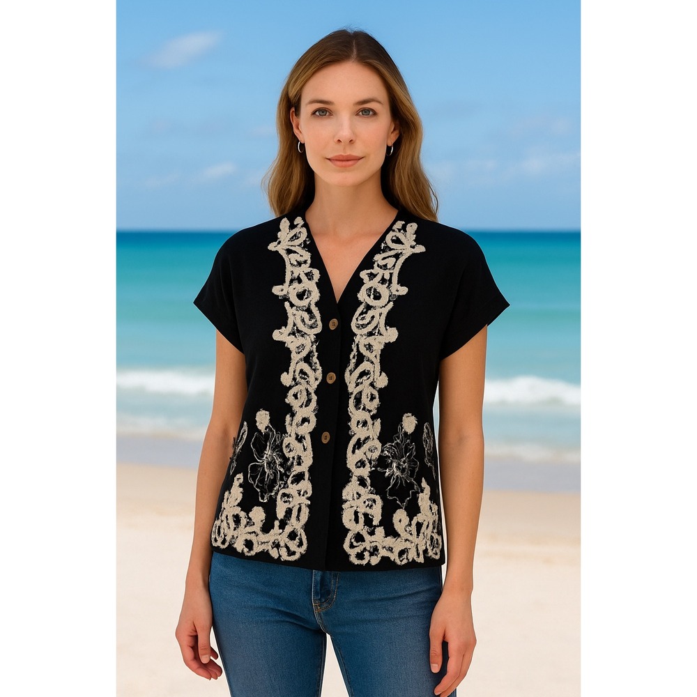 Citron Black Bamboo Button Up Blouse with‎ White Embroidery XS Petite Boho Coast